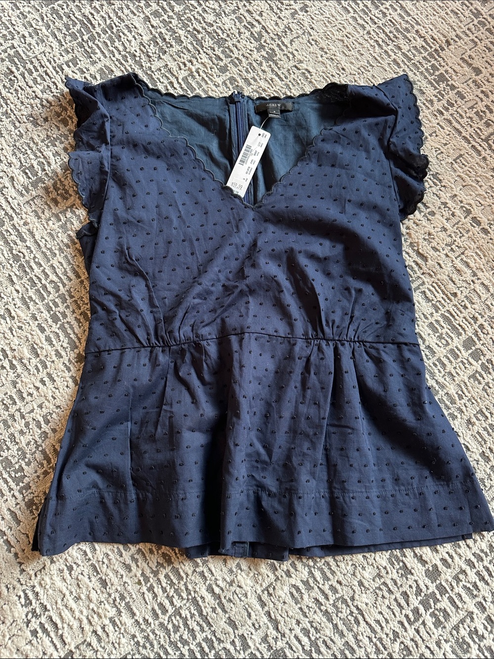 J crew Flutter Sleeve Dot-Texture Navy V-Neck Peplum Top